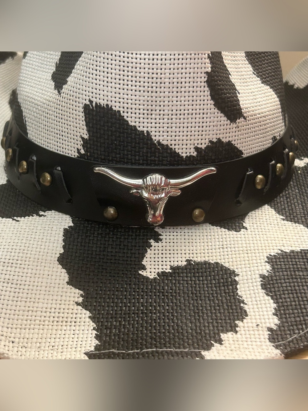 Cow Print Cowboy Hat Western Faux Leather Band Stud Rivet Accents Women Cowgirl - Picture 5 of 8
